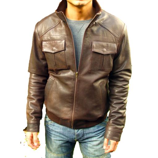 Men's Leather Funnel Neck Bomber Jacket